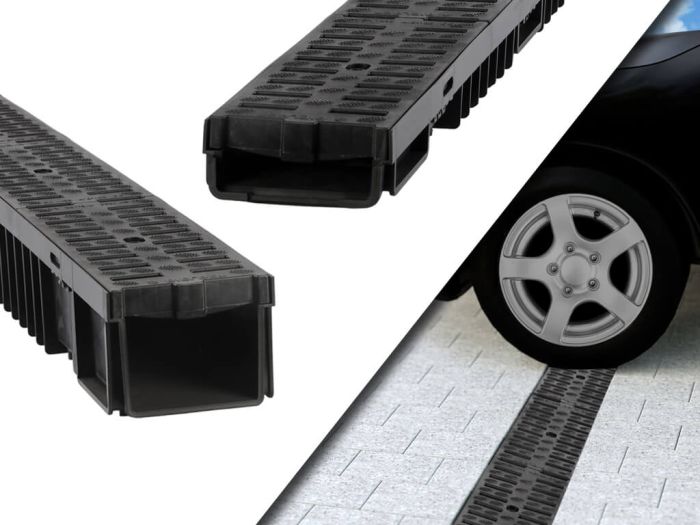 Deze afvoergoot met zwart kunststof rooster (B125 klasse) gemaakt van hoogwaardig polypropyleen (PP) en is daarmee geschikt voor auto's (maximaal 2000 kg; bij lage snelheid).