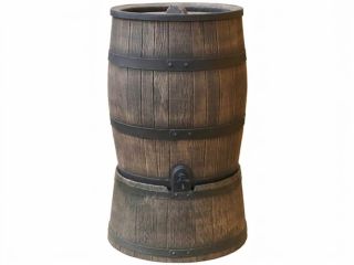 Bruine kunststof regenton Roto 120 liter (houtlook) op voet.